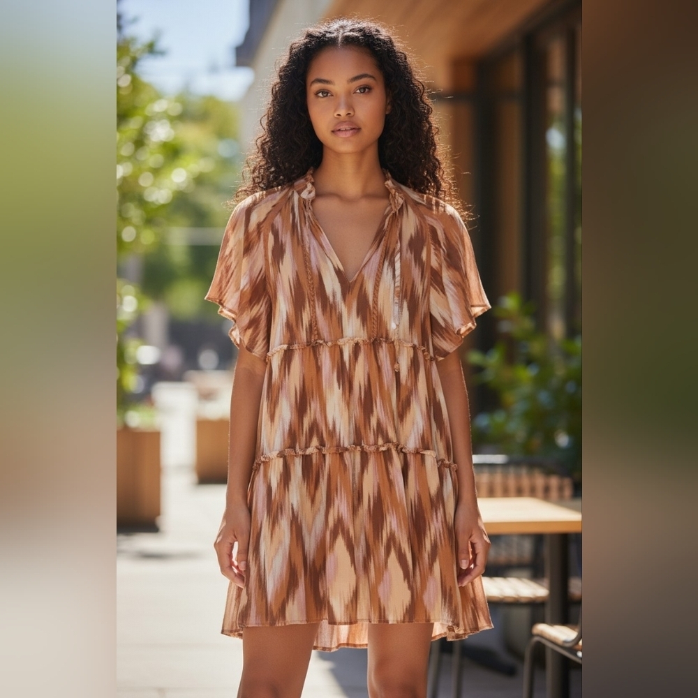 Women's VICE Brown Orange Ikat Print Tiered Mini Dress S